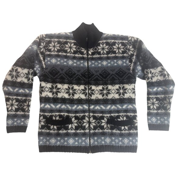 Freyja Icelandic Wool Zip-Up Cardigan Sweater With Snowflake Pattern Black/Blue/ - Picture 1 of 12